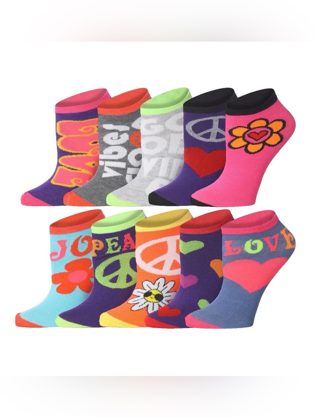Women's Colorful FLORAL HEART VIBES Ankle Socks - Multi-Color 10-Pack